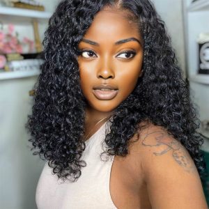 center wig natural black remy hair 2x6 lace closure deep wave bob human hair wig